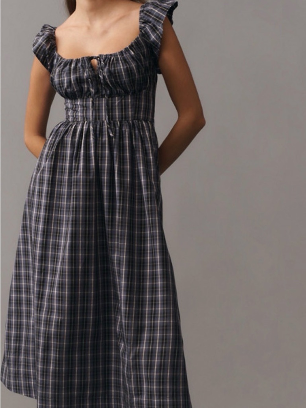 Anthropologie Blue/Grey Plaid Smocked Midi Dress